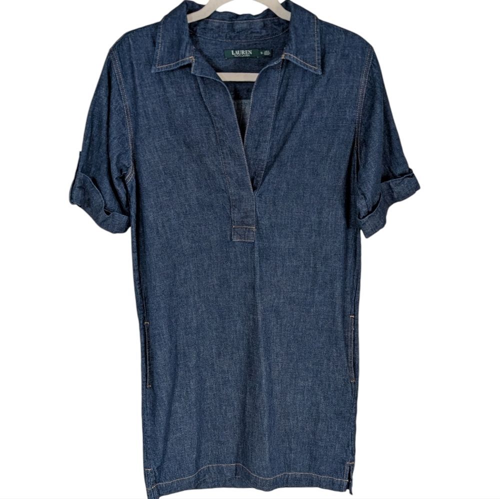 Lauren Ralph Lauren 100% cotton denim shift dress size Small streamlined modern